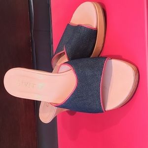 Super Trendy Platform Wood/Denim sandals, Sz 7